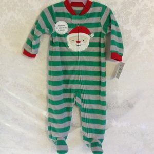 🛍 Santa Face Foot Pajama Green Grey Stripe Infant